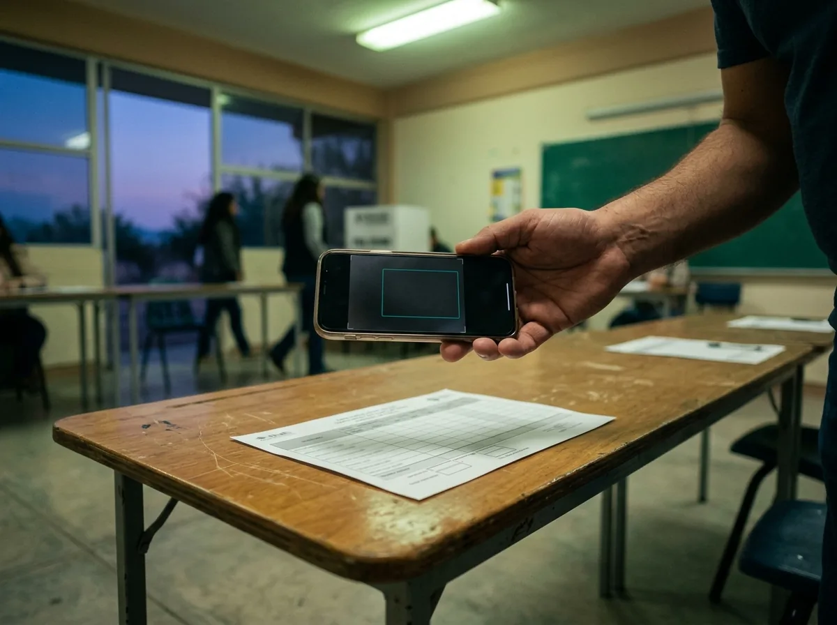 Manos fotografiando el acta de una casilla con el teléfono, al cierre.