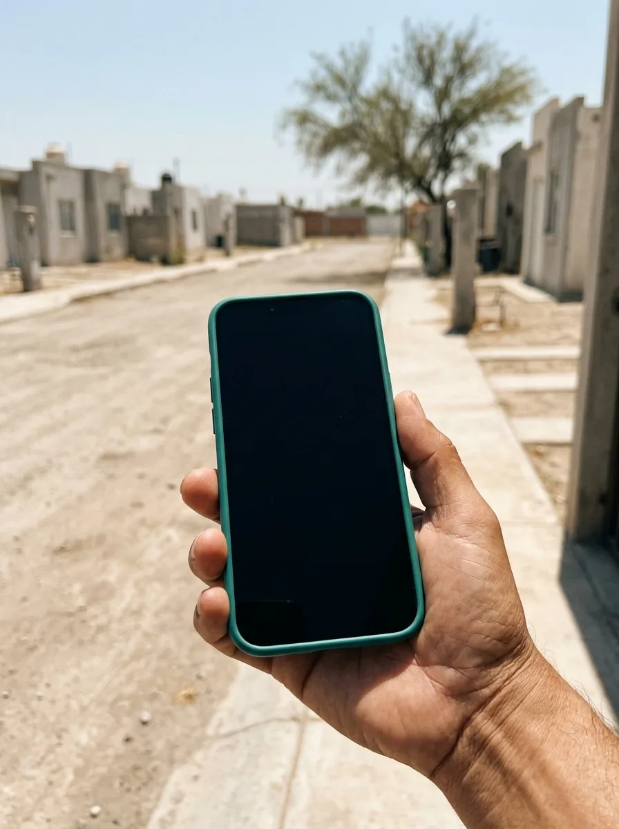Una mano sostiene un teléfono bajo el sol de mediodía, en la calle.