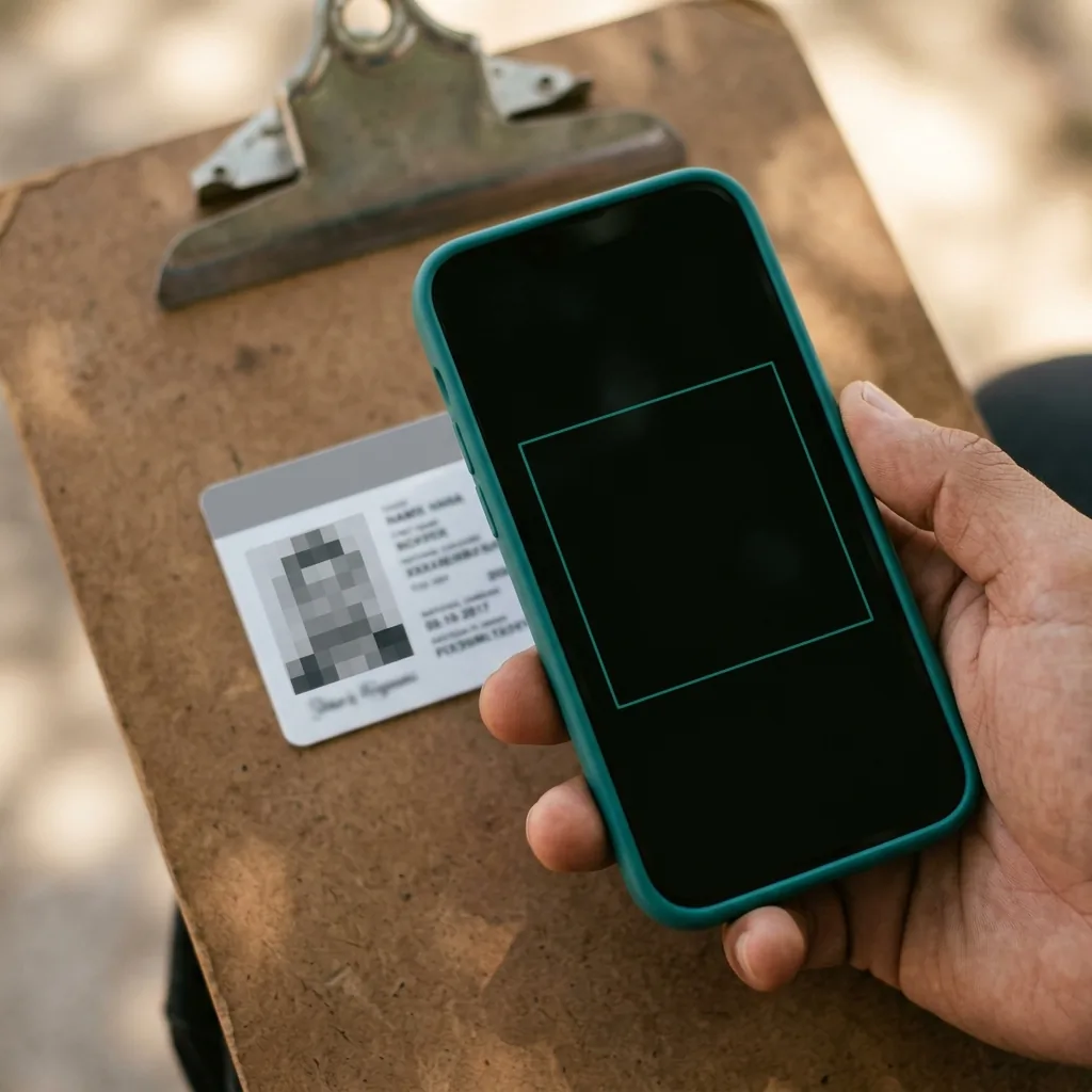Un teléfono lee una credencial genérica sobre una tabla de apoyo.