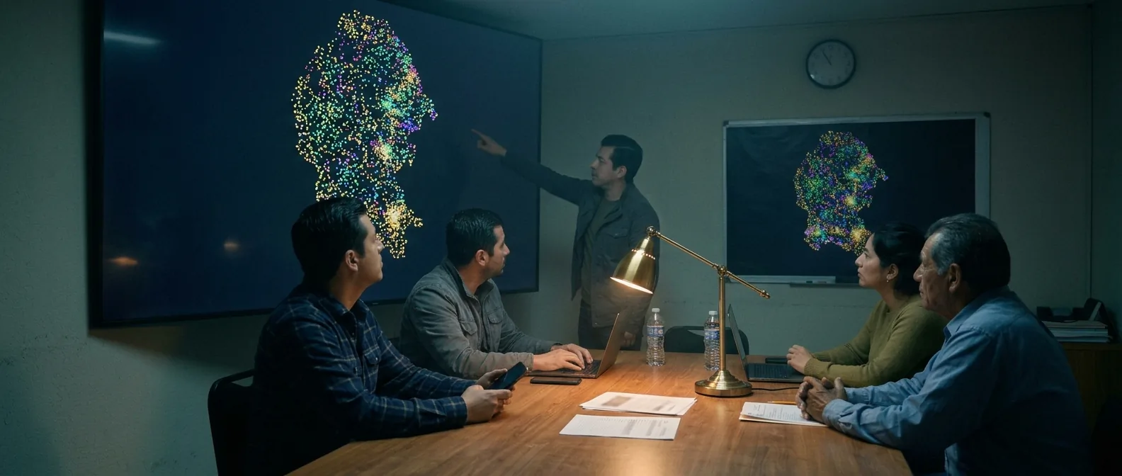 War room de noche: una pantalla grande con el mapa de casillas y el equipo alrededor de la mesa.